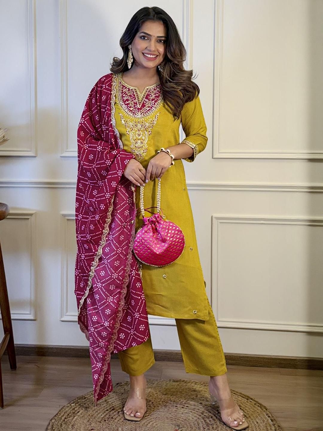 KALINI Floral Embroidered Notch Neck Zari Straight Kurta With Trousers & Dupatta