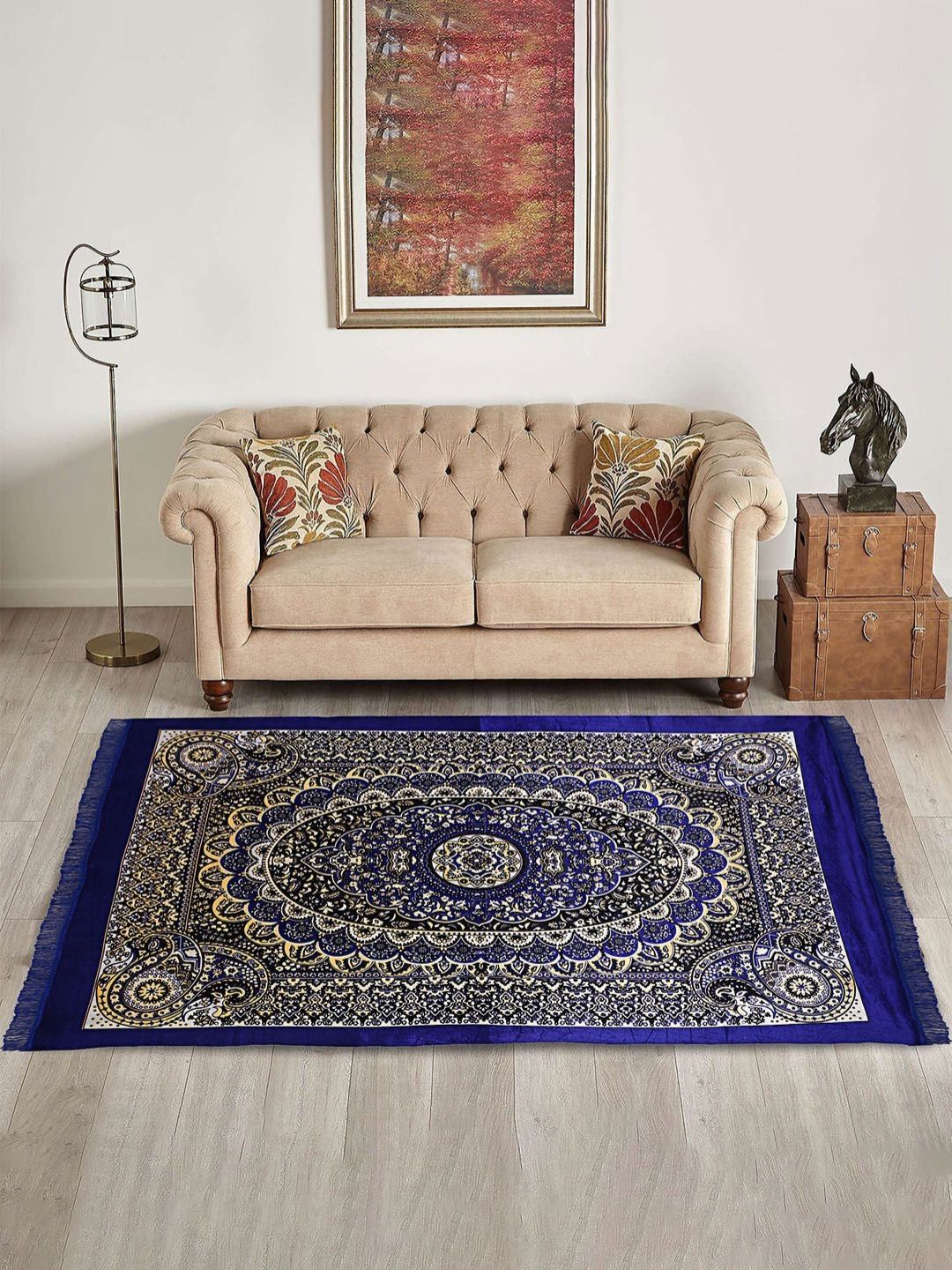 RUBOXA Navy Blue Ethnic Motifs Printed Anti-Skid Velvet Carpet-picture-30