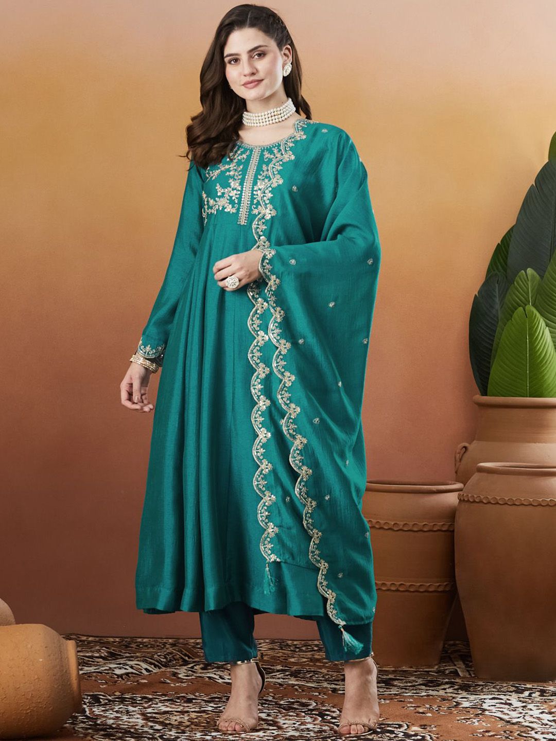 Colors  of Earth Women Embroidered Regular Sequinned Kurta with Trousers & Dupatta