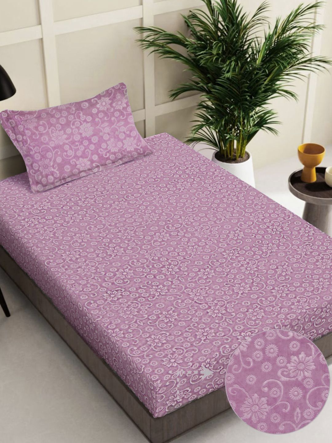 Myntra Elegant Homes Pink Floral Embossed Woollen 300 TC Single Bedsheet Set 2.25m x 1.5m-picture-23