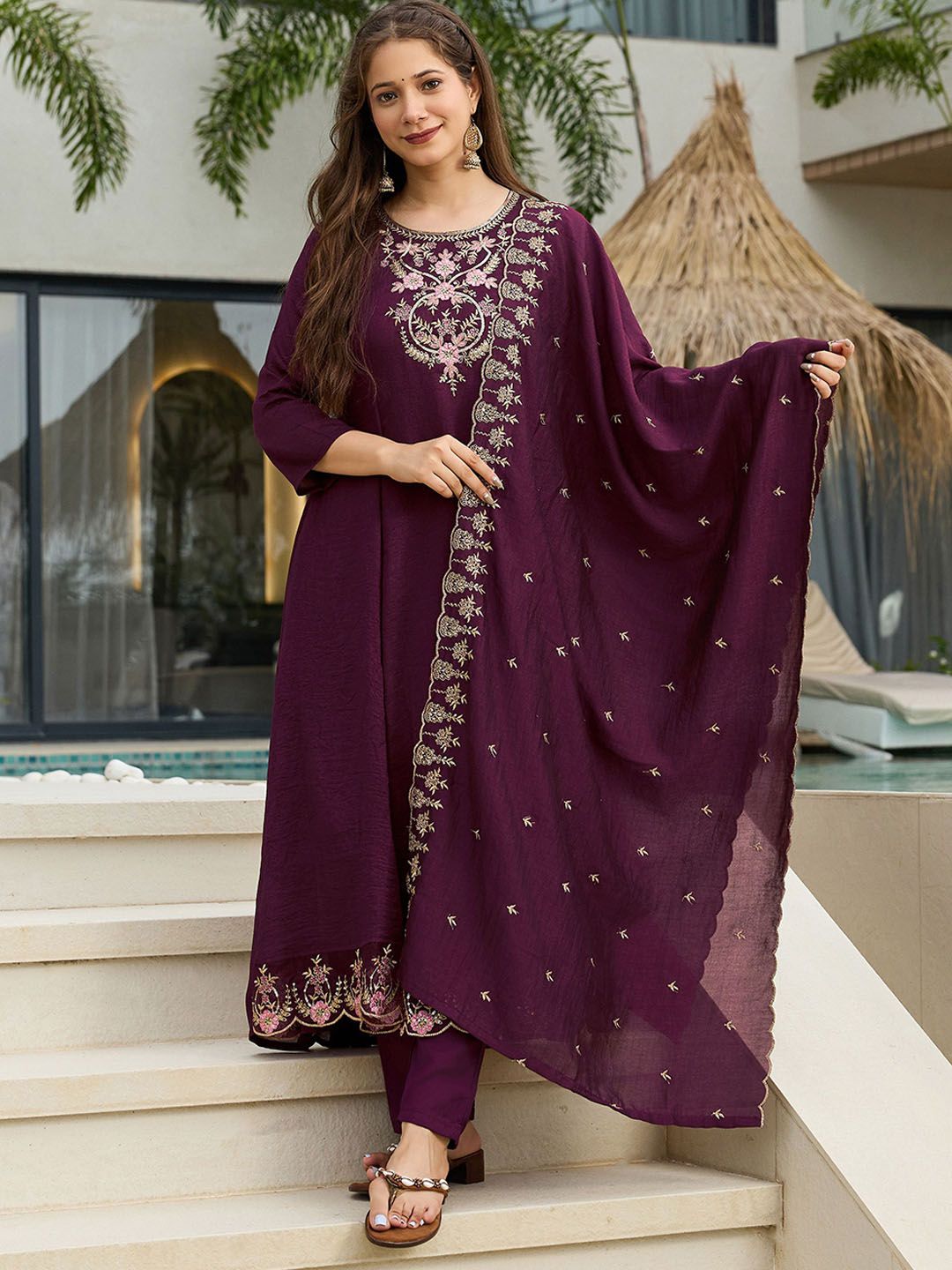 Navlik Floral Embroidered Thread Work A-Line Kurta With Trousers And Dupatta