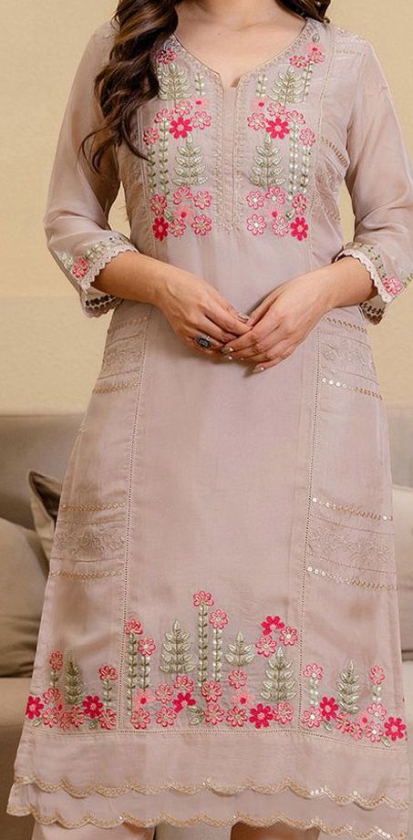 Women Morpich Chinon Embroidery Work Kurta Set With Dupatta