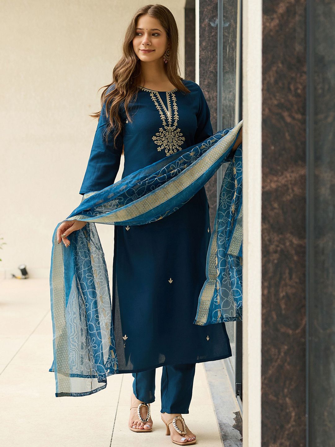 KALINI Women Floral Embroidered Regular Thread Work Kurta with Trousers & Dupatta