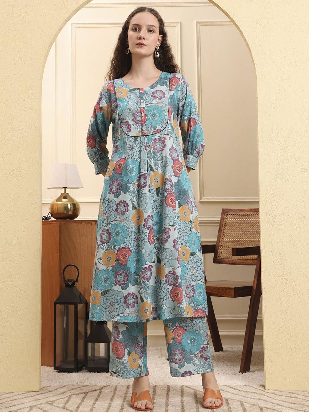 Yufta Floral Printed Linen Round Neck A-Line Kurta With Palazzos