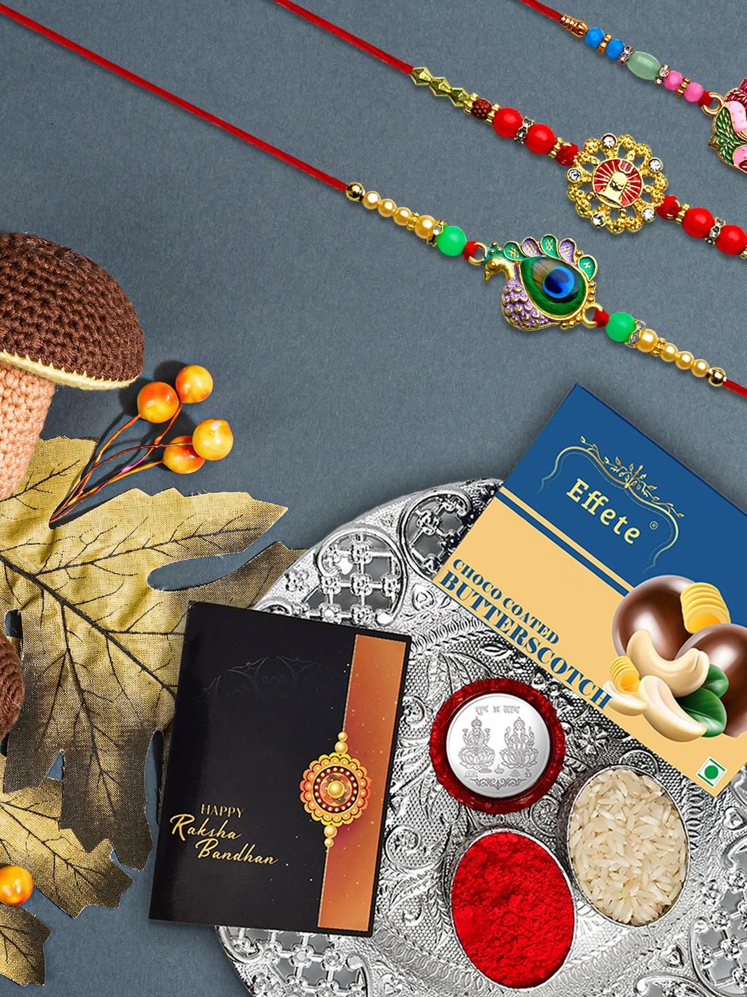 DeoDap Multicoloured 3 Designer Rakhis Gift Set with Chocolate & Silver Coin-image-45
