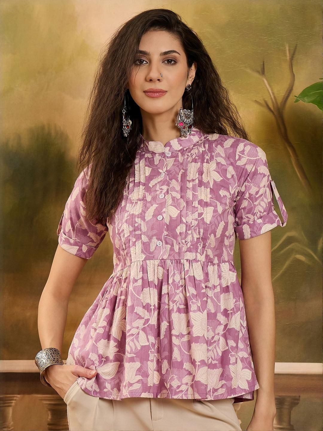 Sangria Floral Printed Pure Cotton Pintuck Short Peplum Top-picture-21