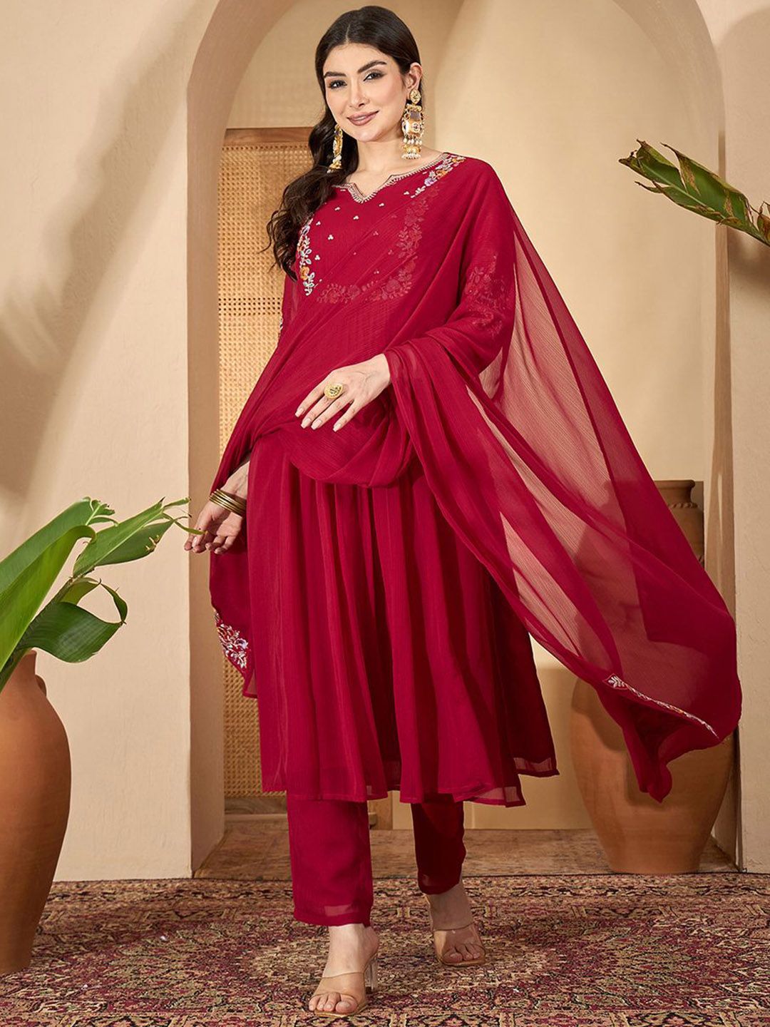 Women Purple Embroidered A-Line Kurta Trousers With Dupatta Set