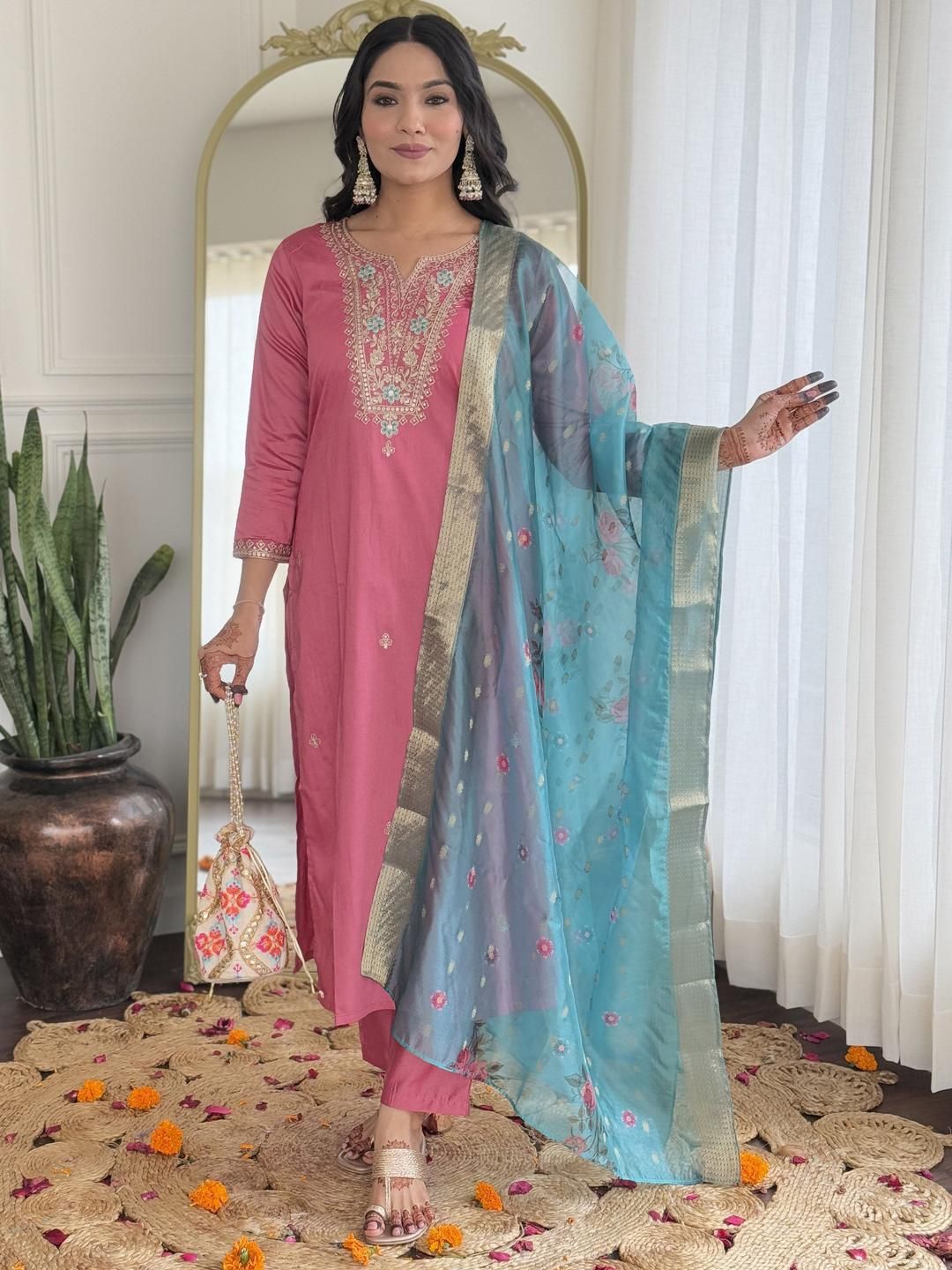 KALINI Women Woven Design Embroidered Kurta with Trousers & Dupatta