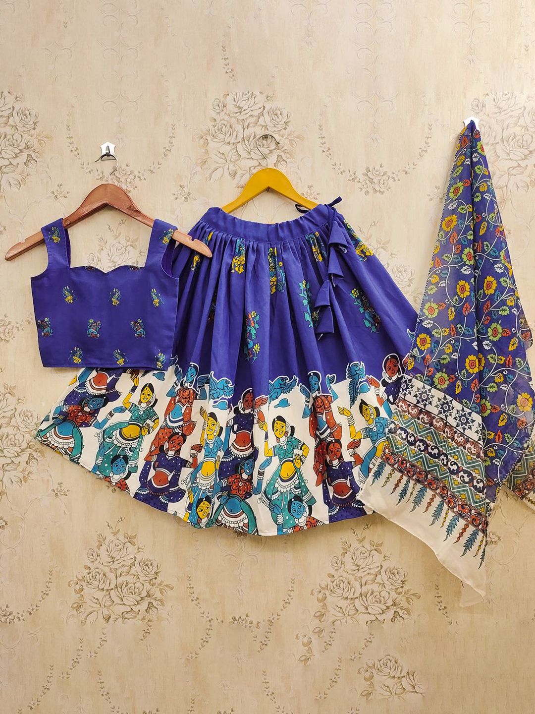 JOVK DESIGN Girls Printed Kalamkari Ready to Wear Lehenga & Blouse With Dupatta-picture-22
