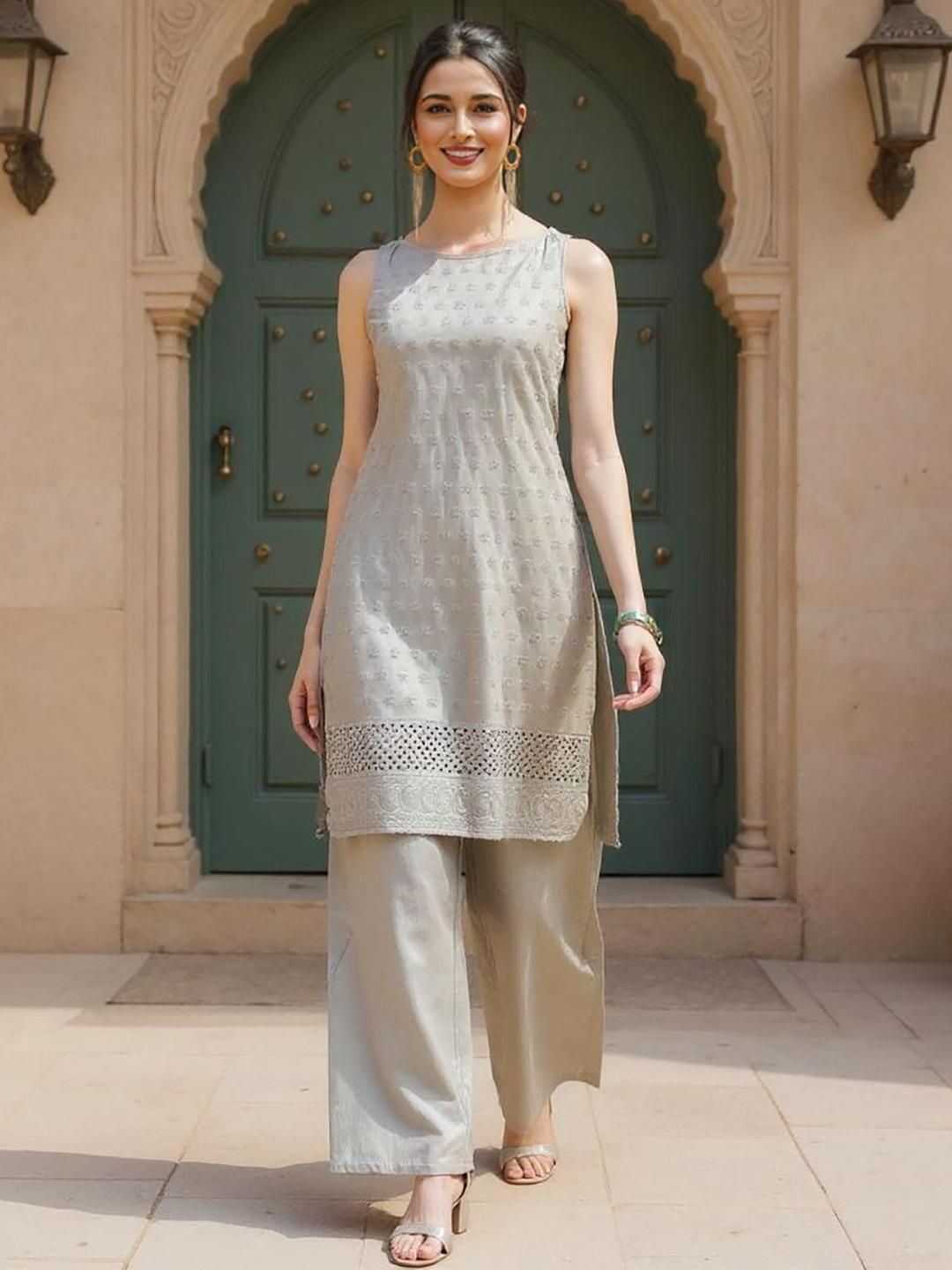 SZN Floral Embroidered Sleeveless Thread Work Straight Kurta With Palazzos