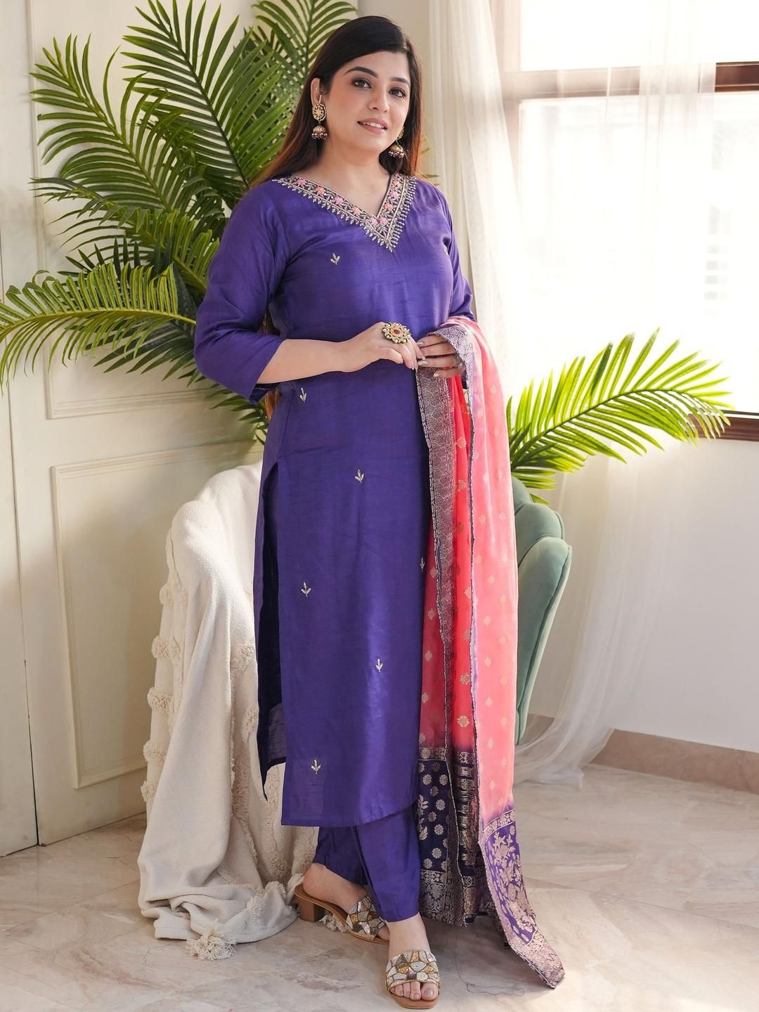 KALINI Ethnic Motifs Embroidered Thread Work Chanderi Silk Kurta With Trouser & Dupatta