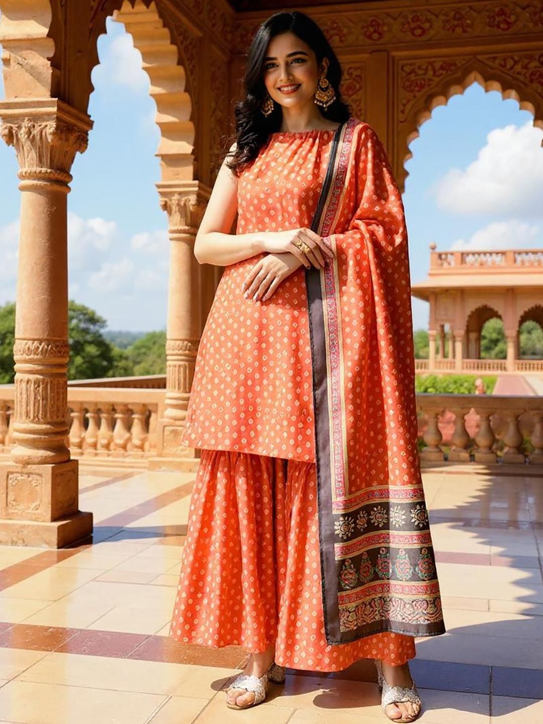 SZN Bandhani Printed Sleeveless Chanderi Silk Straight Kurta With Sharara & Dupatta