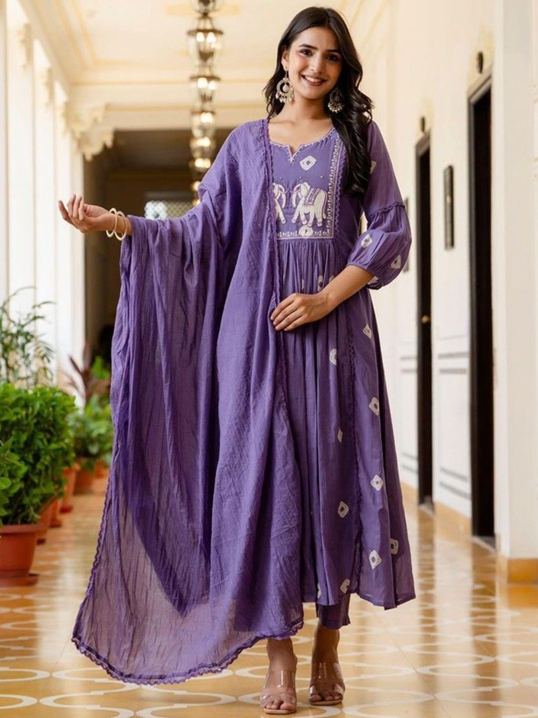 AREEH Women Bandhani Embroidered Thread Work Pure Cotton Kurta with Palazzos & Dupatta