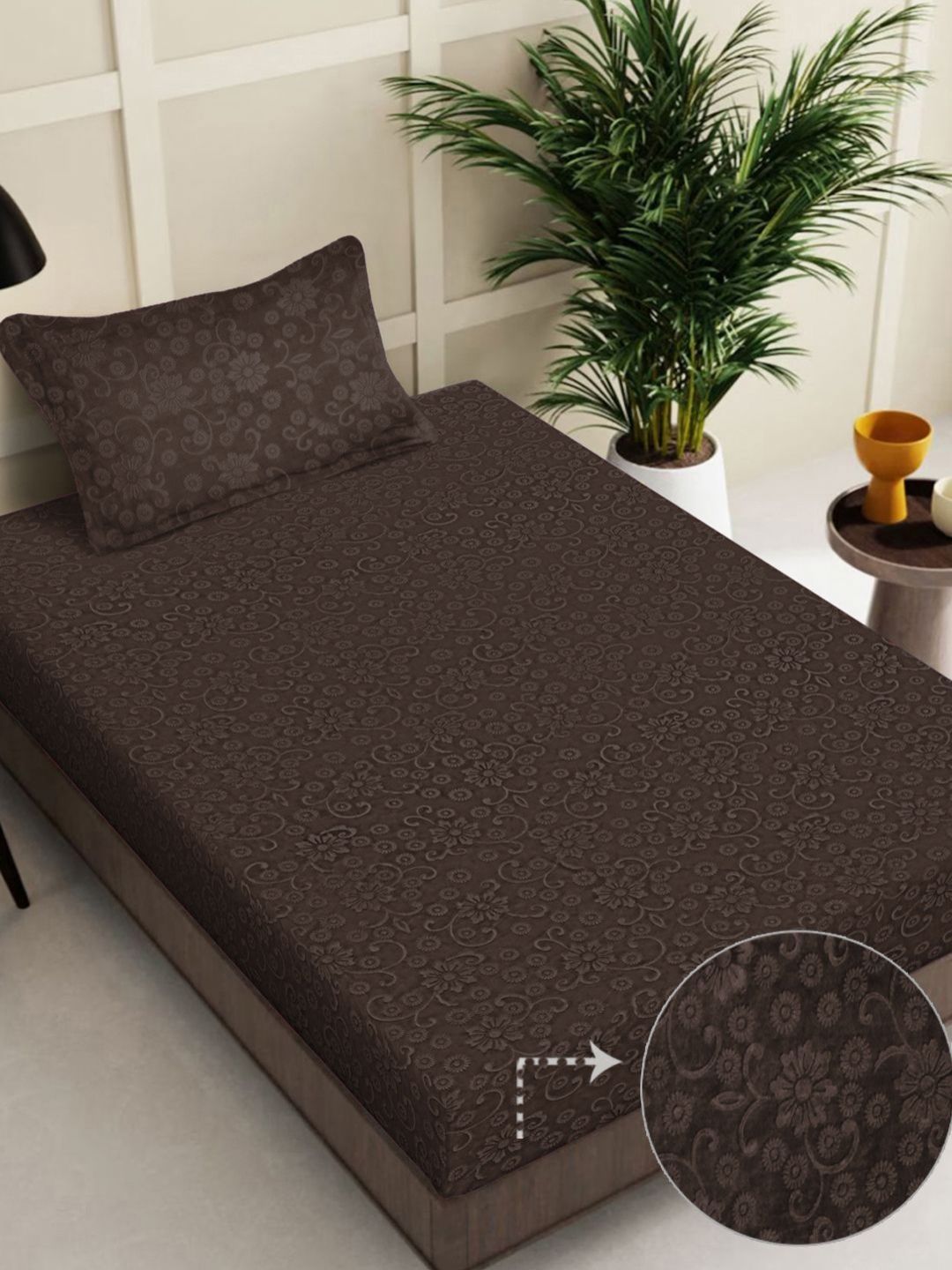 Myntra Elegant Homes Coffee Brown Printed Woolen 300 TC Single Bedsheet Set 2.25m X 1.50m-picture-32