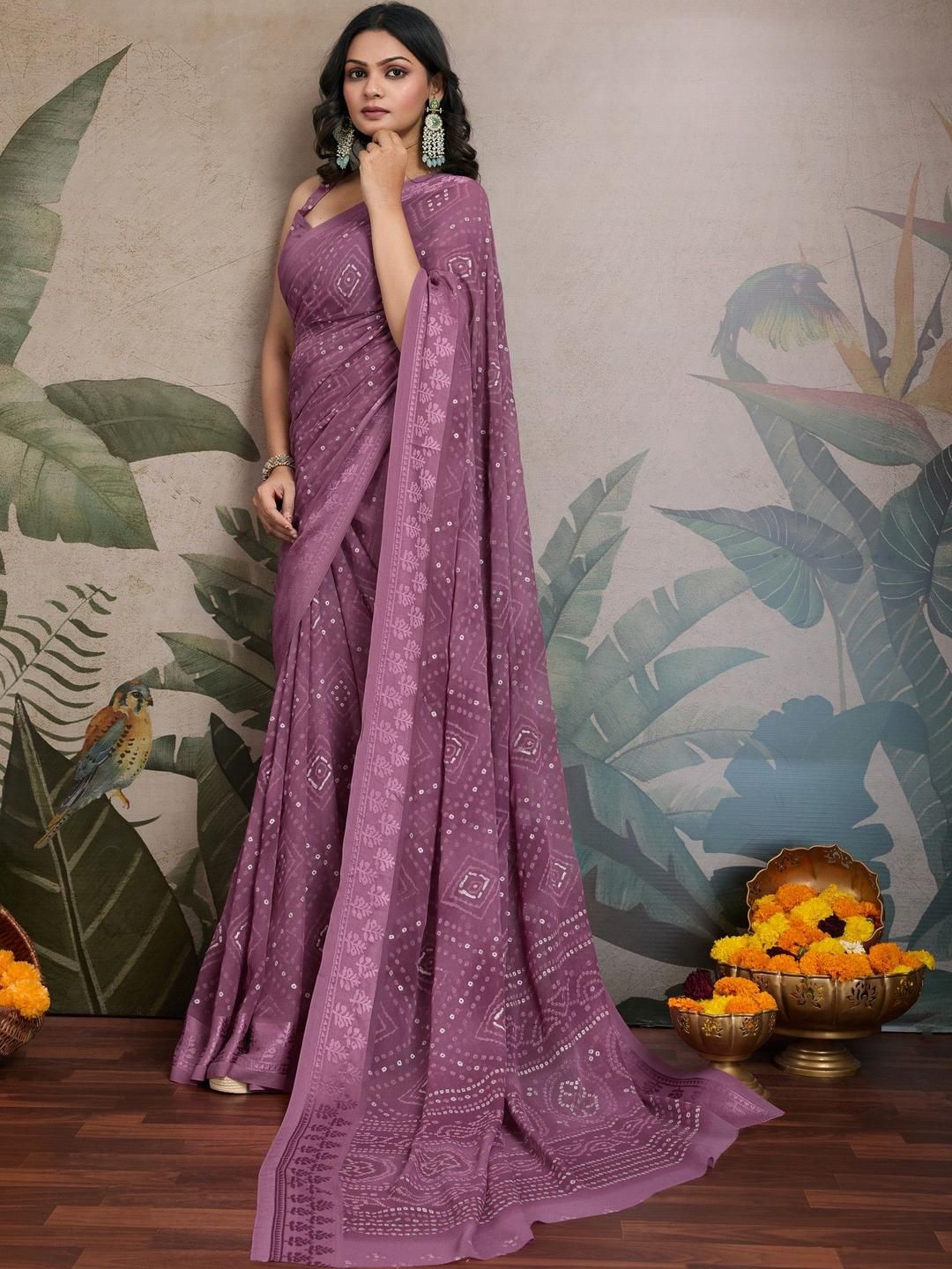 KALINI Bandhani Embroidered Bandhani Saree With Woven Border And Tassels-picture-26