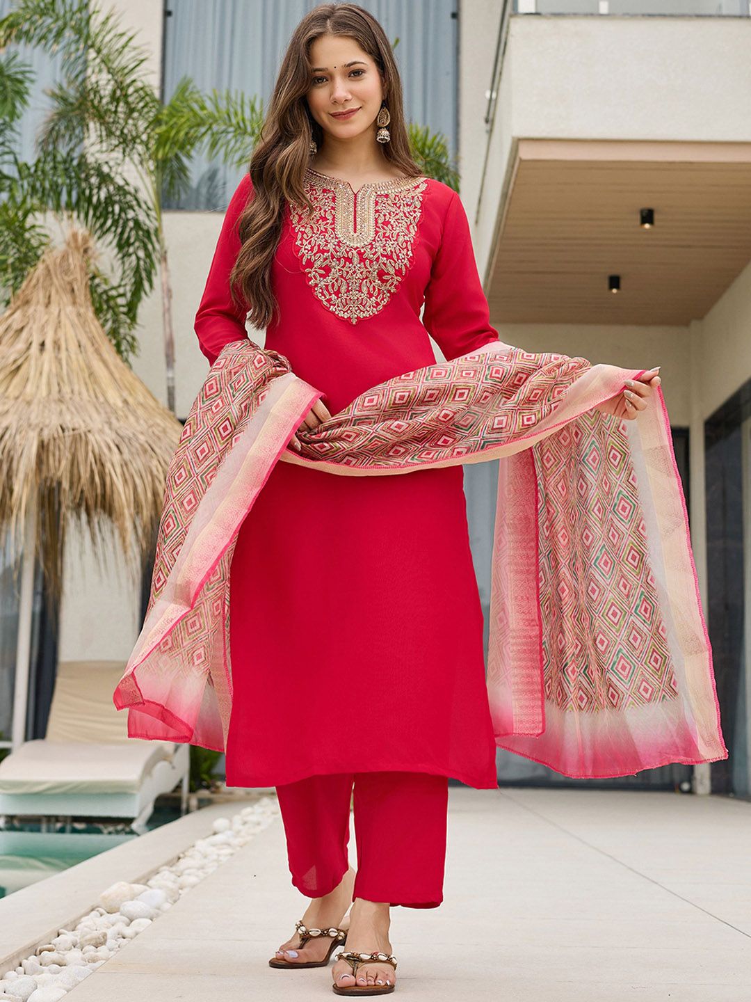 Navlik Women Ethnic Motifs Yoke Design Thread Work Kurta With Trousers & Dupatta