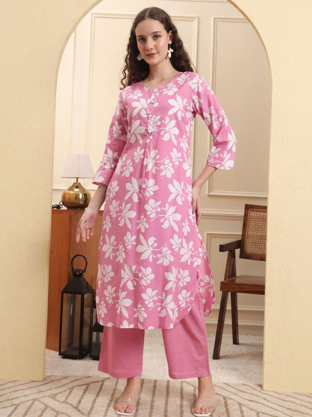 Yufta Floral Printed Round Neck Pure Cotton Straight Kurta with Palazzos