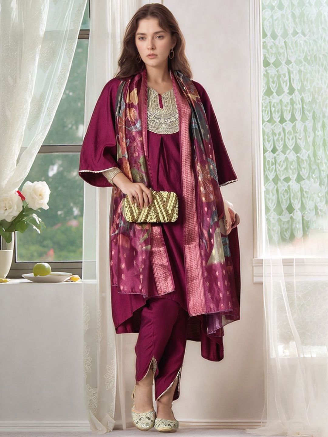 HERE&NOW Floral Yoke Design Notch Neck Sequinned A-Line Kurta With Dhoti Pants And Dupatta