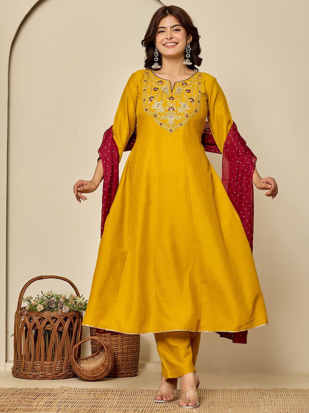 SUAAC Floral Yoke Design Thread Work A-Line Kurta With Trousers & Dupatta