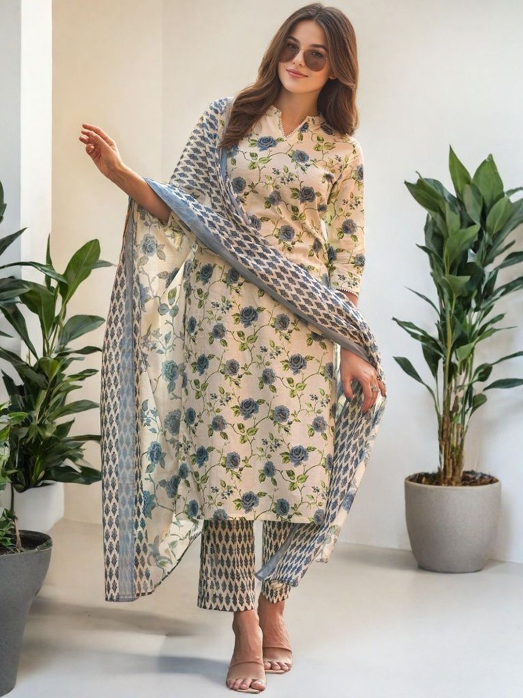 SZN Women Floral Printed Regular Pure Cotton Kurta Set With Dupatta