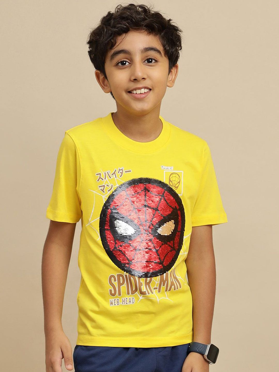 Kids Ville Boys Spiderman Printed Sequin Pure Cotton Reversible T-Shirt-picture-34