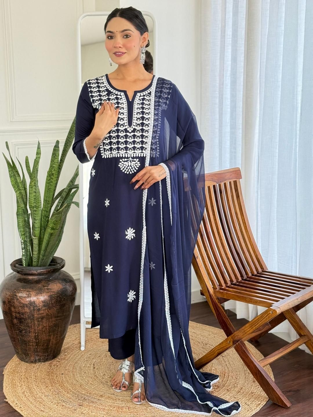 KALINI Floral Embroidered Notch Neck Thread Work Straight Kurta With Trousers & Dupatta