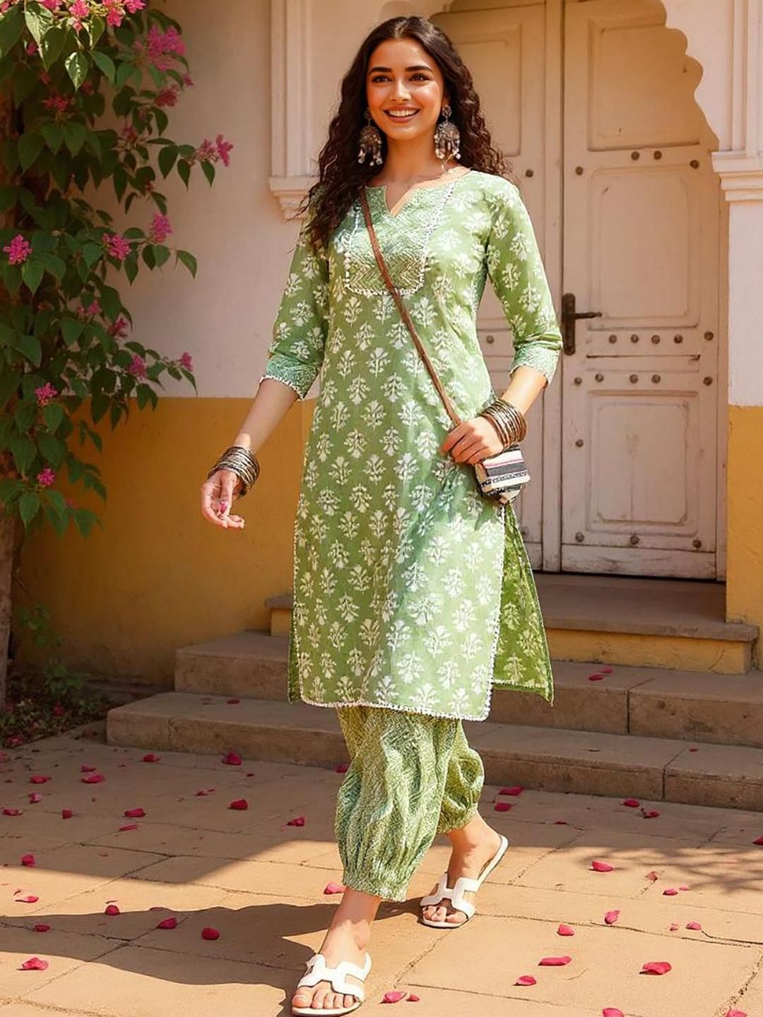SZN Floral Printed Notch Neck Pure Cotton Straight Kurta With Salwar