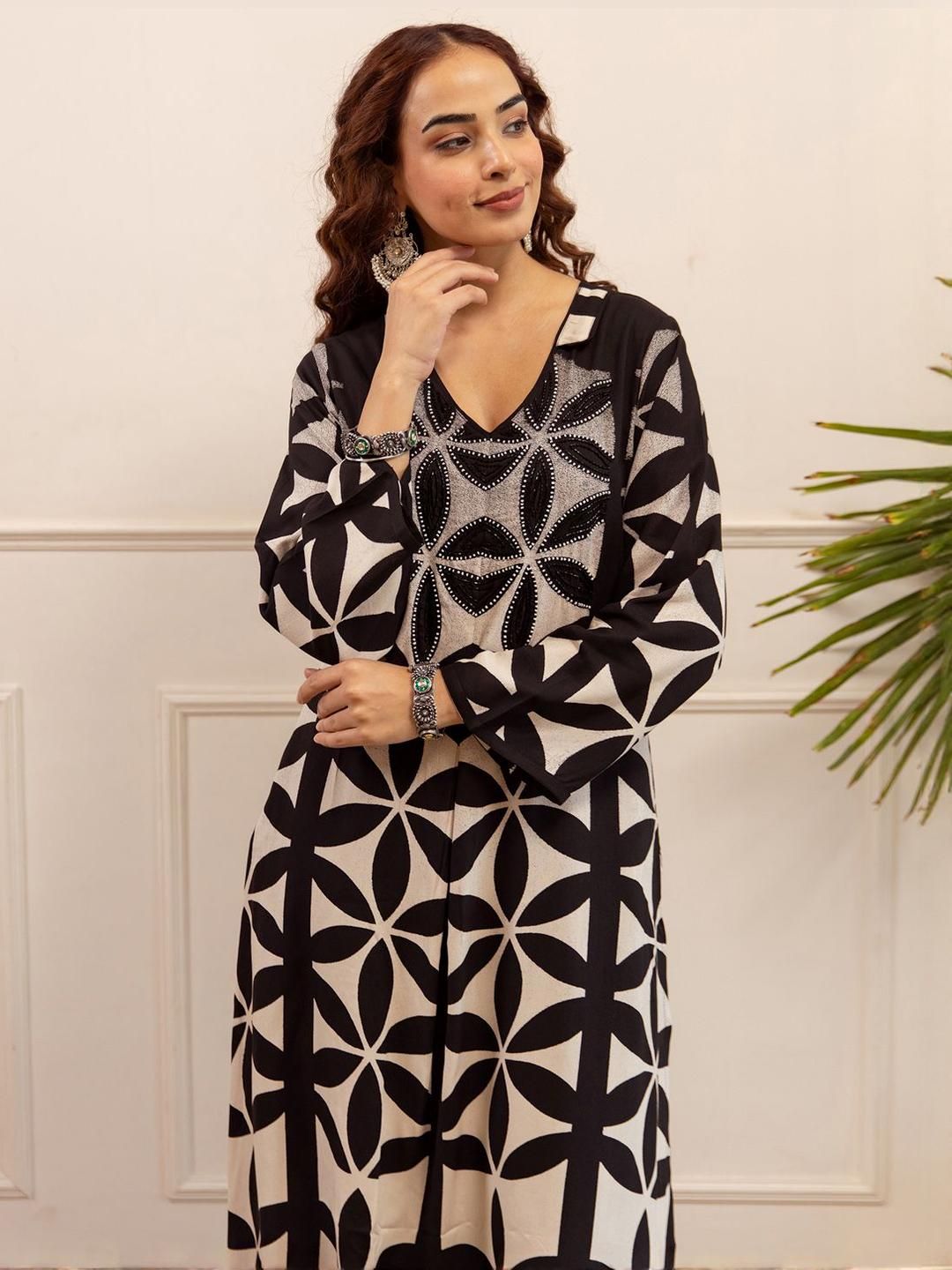 Indo Era Printed A Line Beads and Stones Kurta With Palazzos