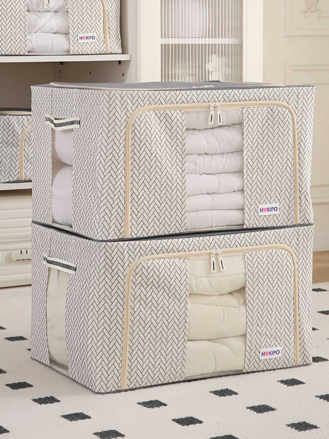 HOKIPO Cream-Coloured & Grey 2 Pieces Printed Super Strong Multi-Utility Organisers-picture-33