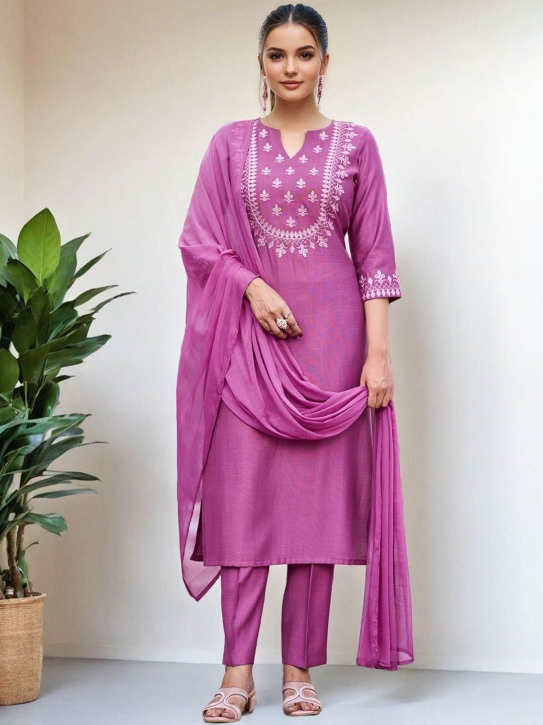 SZN Floral Yoke Design Thread Work Pure Silk Straight Kurta With Trouser & Dupatta