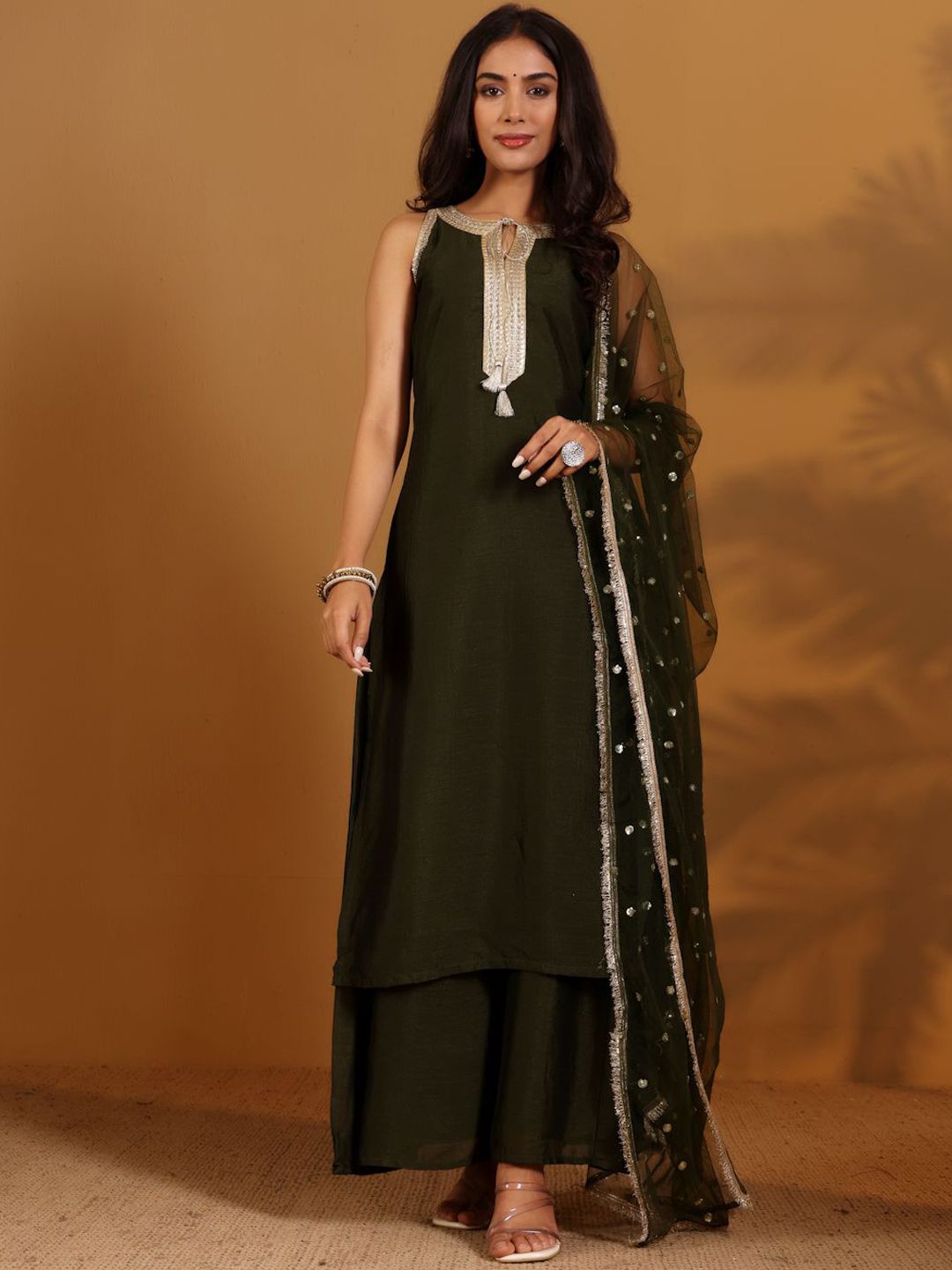House of Pataudi Women Yoke Design Sequined Kurta & Palazzo With Dupatta