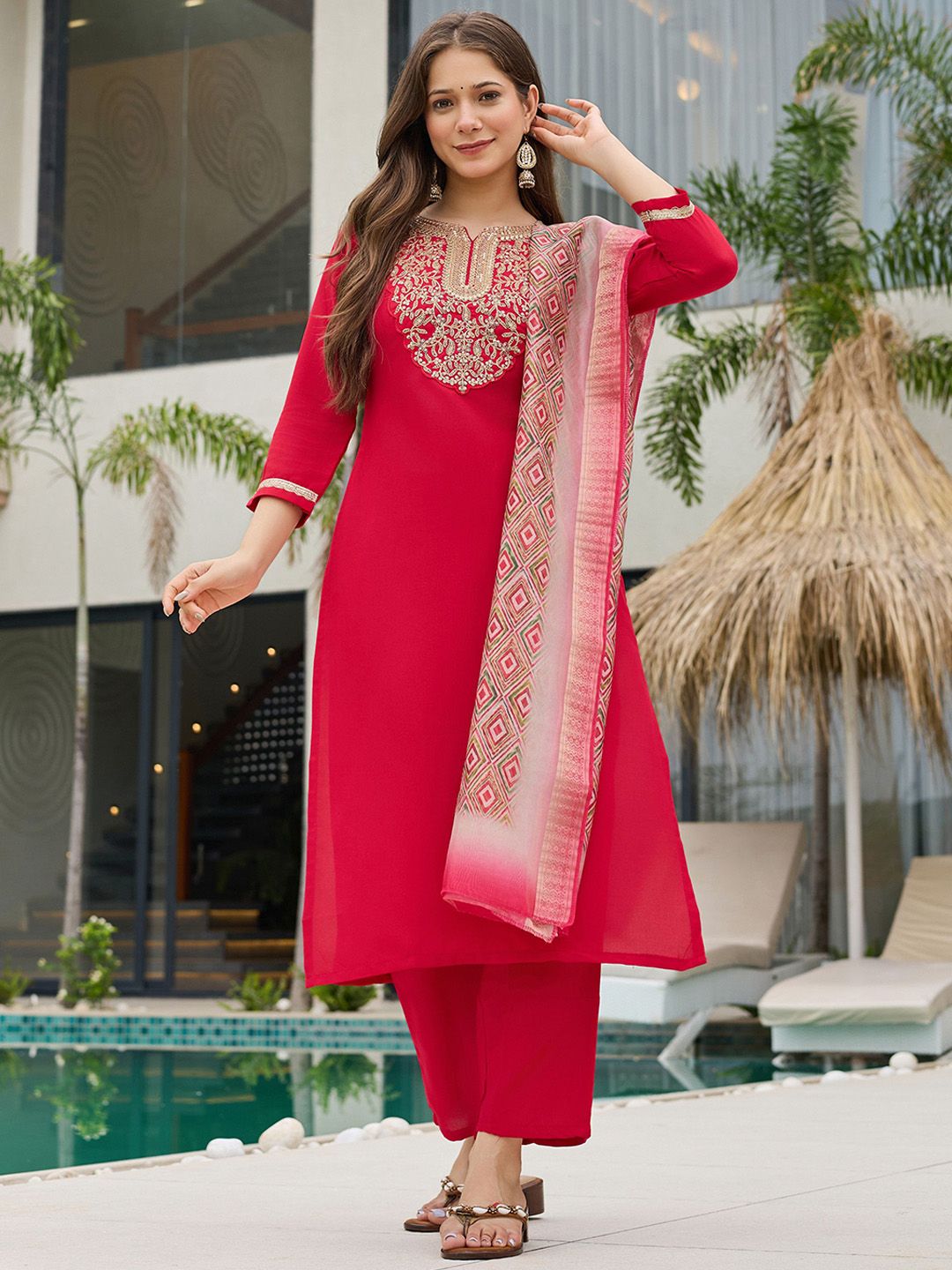 KALINI Women Woven Design Embroidered Kurta with Trousers & Dupatta