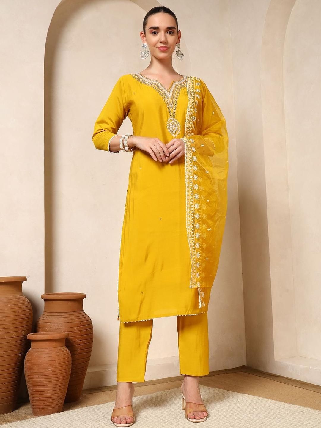 Nehamta Women Ethnic Motifs Regular Beads and Stones Kurta with Trousers & Dupatta