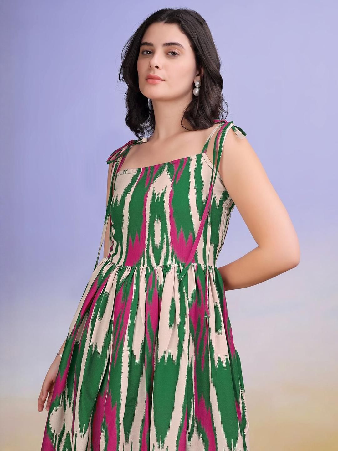 OBSHIVKA Women Ikkat Print Shoulder Straps Fit And Flare Maxi Dress