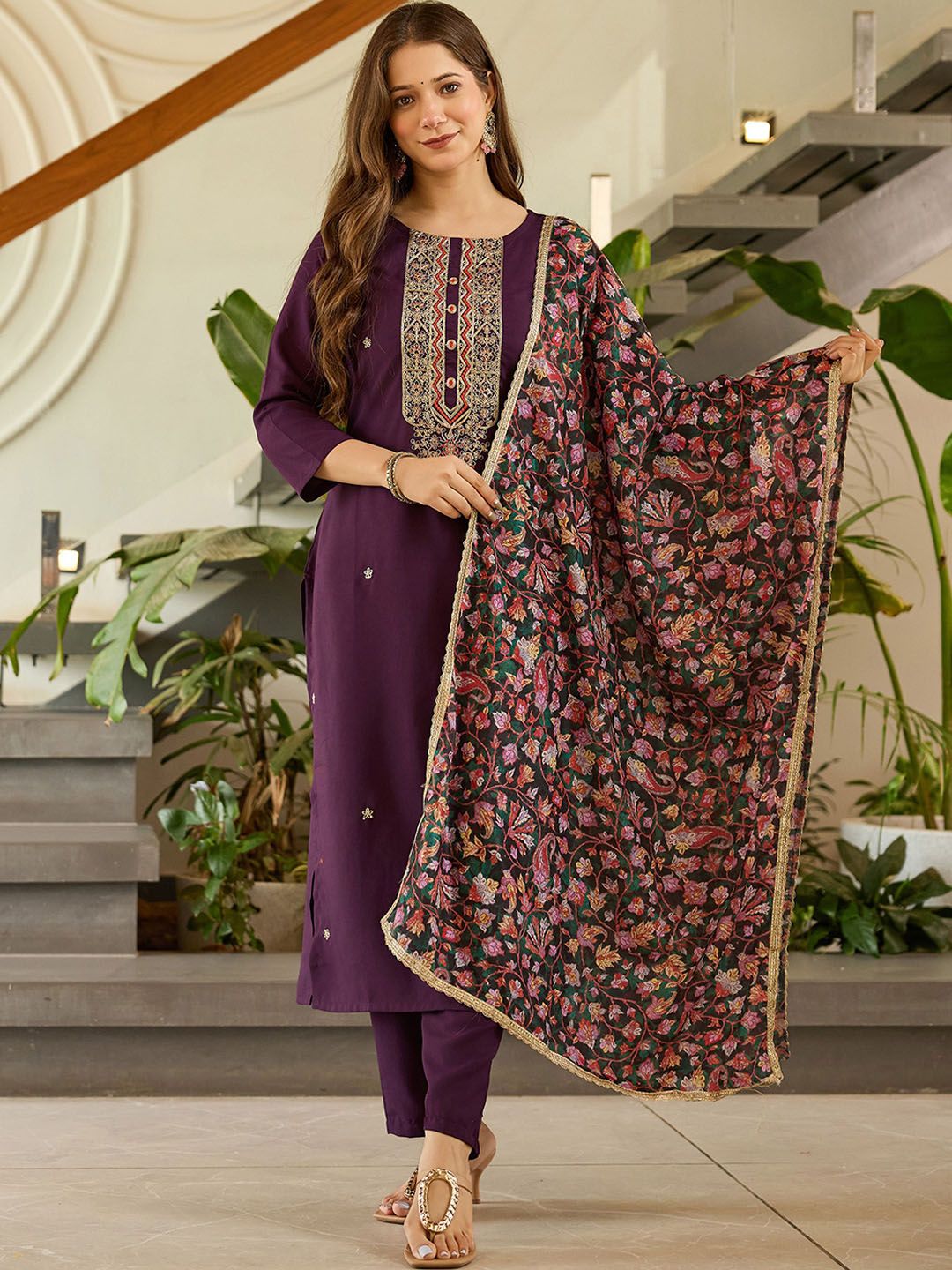 KALINI Women Ethnic Motifs Embroidered Regular Thread Work Kurta with Trousers & Dupatta