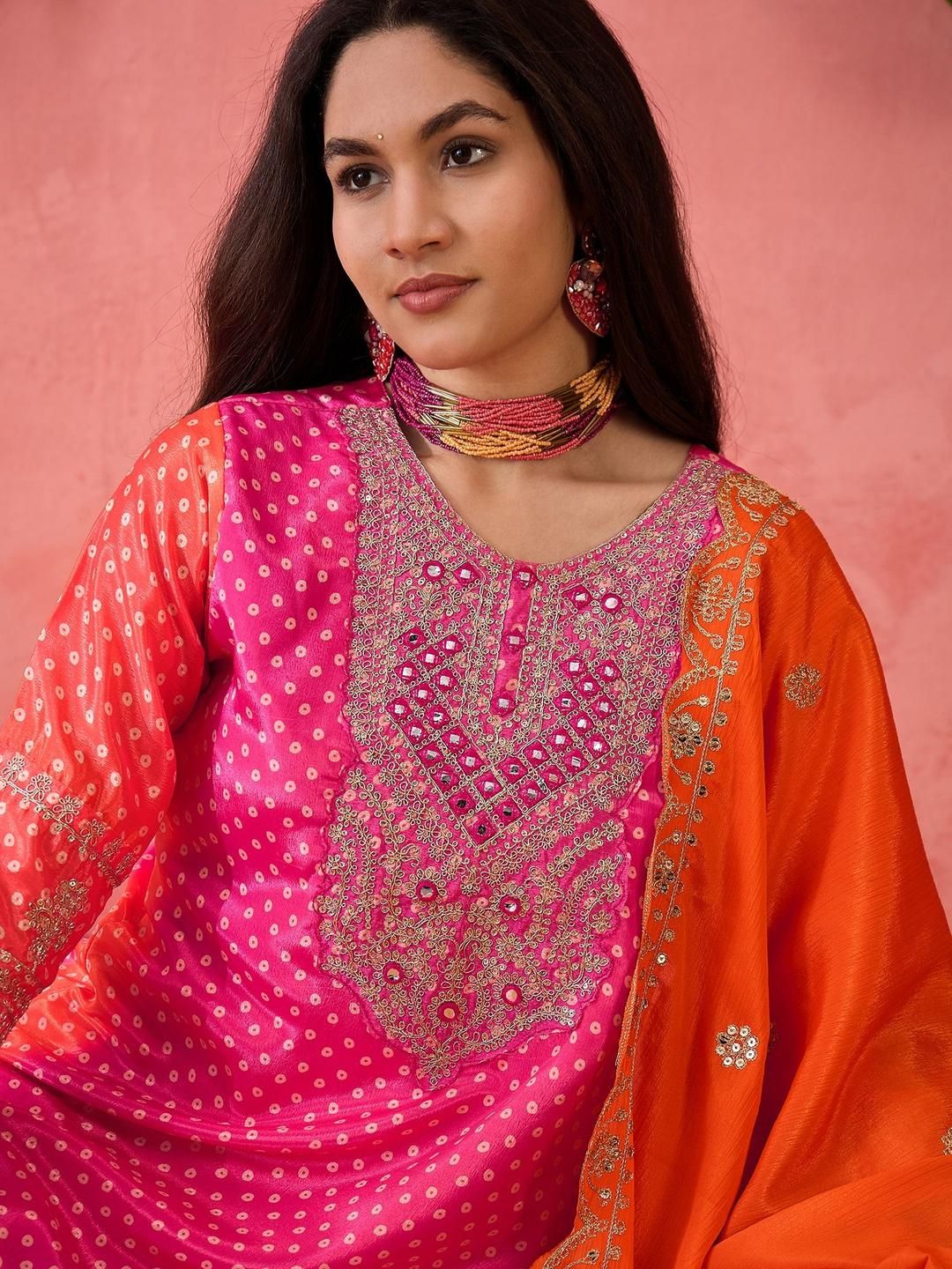 Maroosh Bandhani Embroidered Round Neck Sequinned Chinon Kurta With Pyjamas & Dupatta
