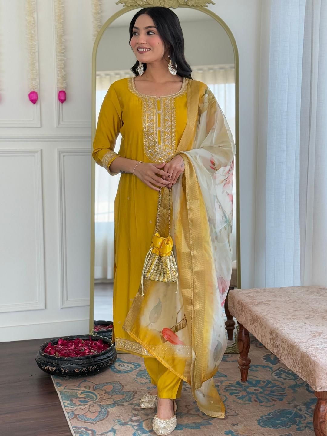 KALINI Women Woven Design Embroidered Kurta with Trousers & Dupatta