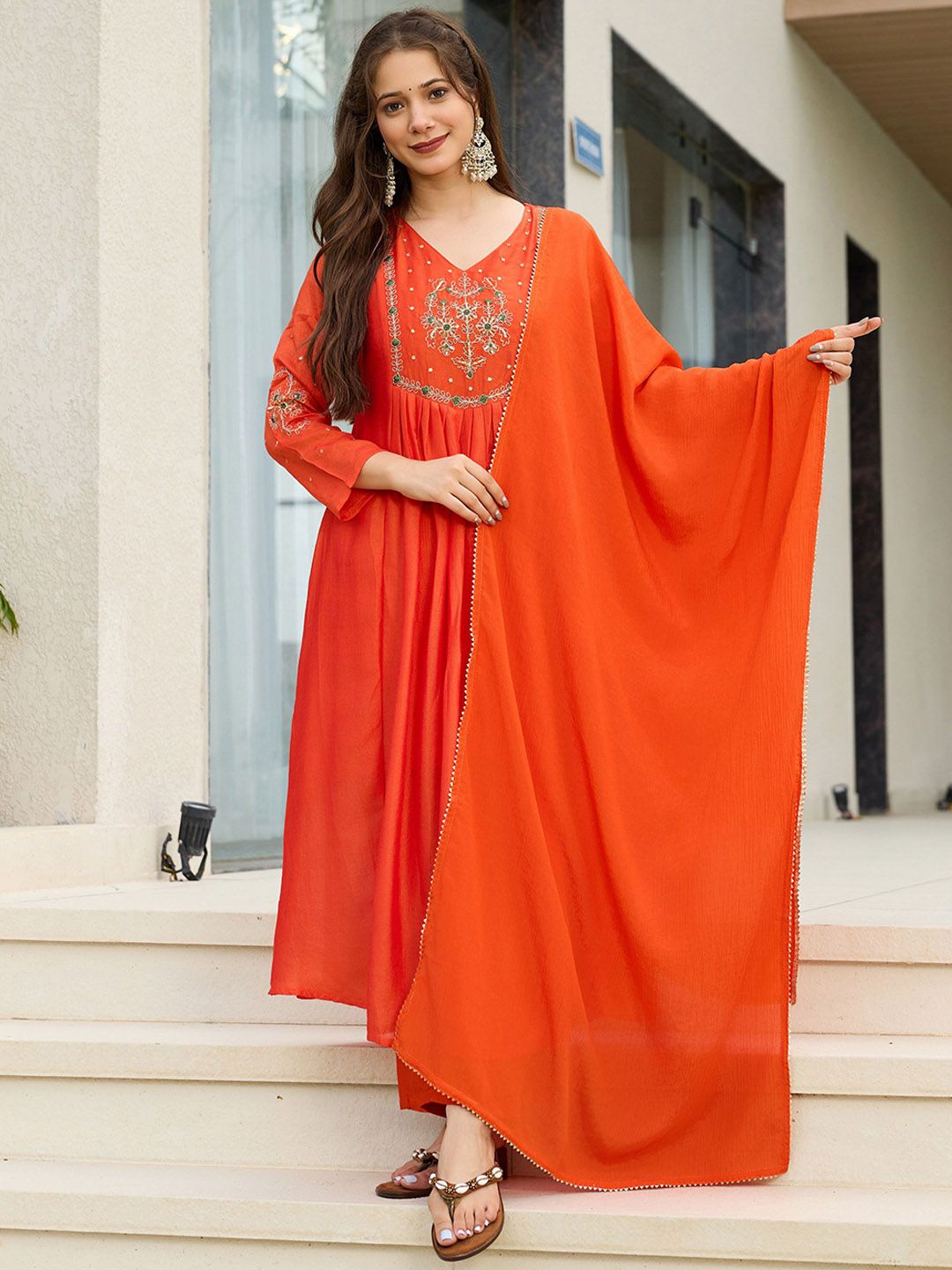 Navlik Women Ethnic Motifs Embroidered A-Line Kurta with Trousers & Dupatta