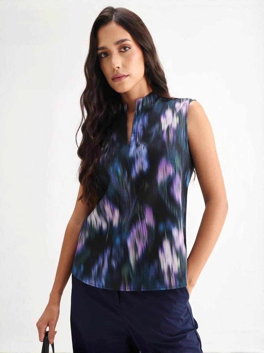 RAREISM Women Ikat Printed Mandarin Collar Top-picture-12