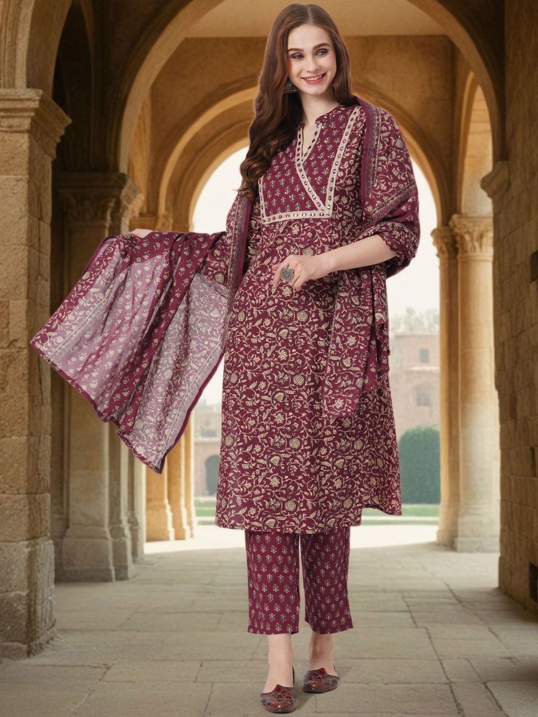 FASHOR Floral Printed Mirror Work Pure Cotton Straight Kurta With Trousers & Dupatta