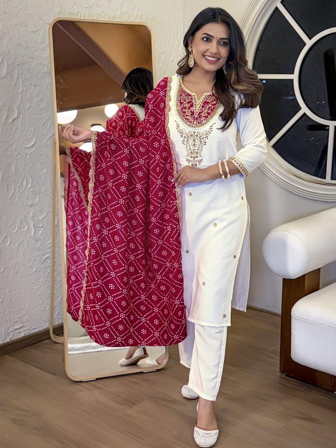 KALINI Women Ethnic Motifs Embroidered Thread Work Kurta with Trousers & Dupatta