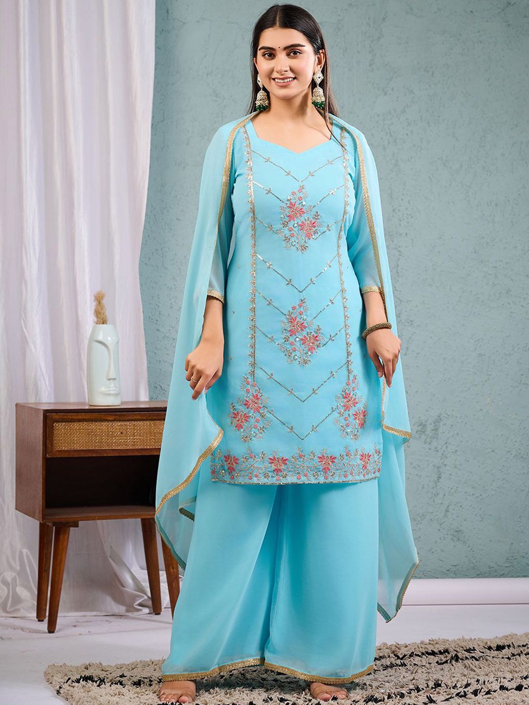 Globon Impex Women Ethnic Motifs Embroidered Kurta with Palazzos & Dupatta