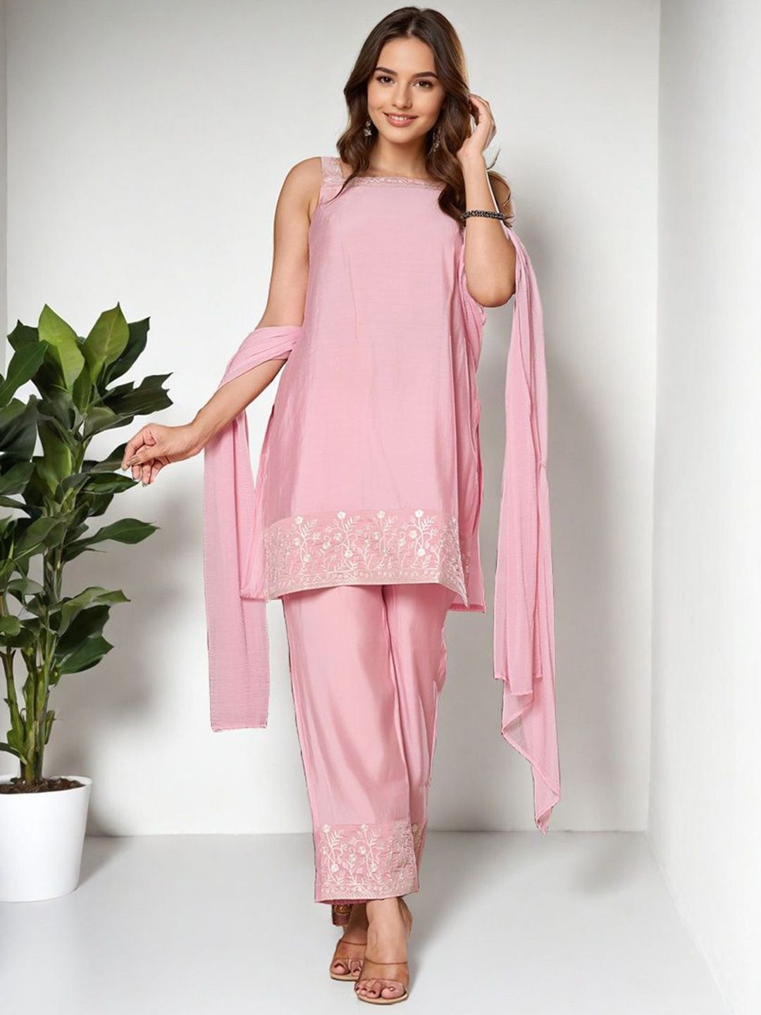 SZN Women Embroidered Regular Kurta with Trousers & With Dupatta