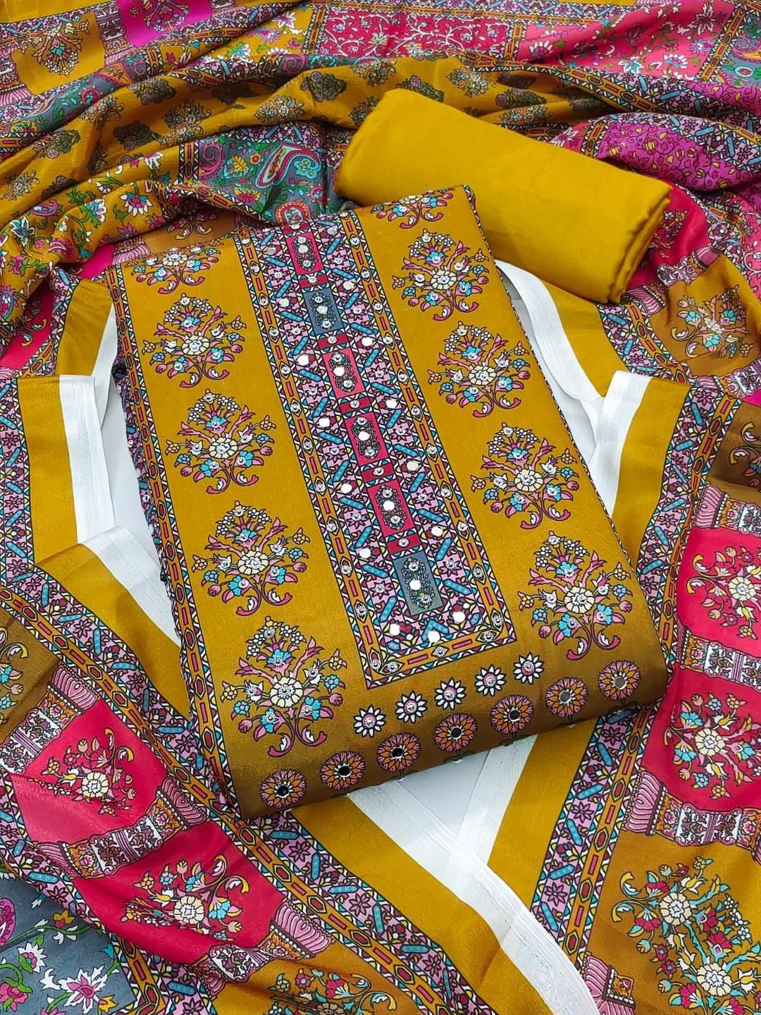 Maroosh Floral Printed Mirror Work Unstitched Dress Material