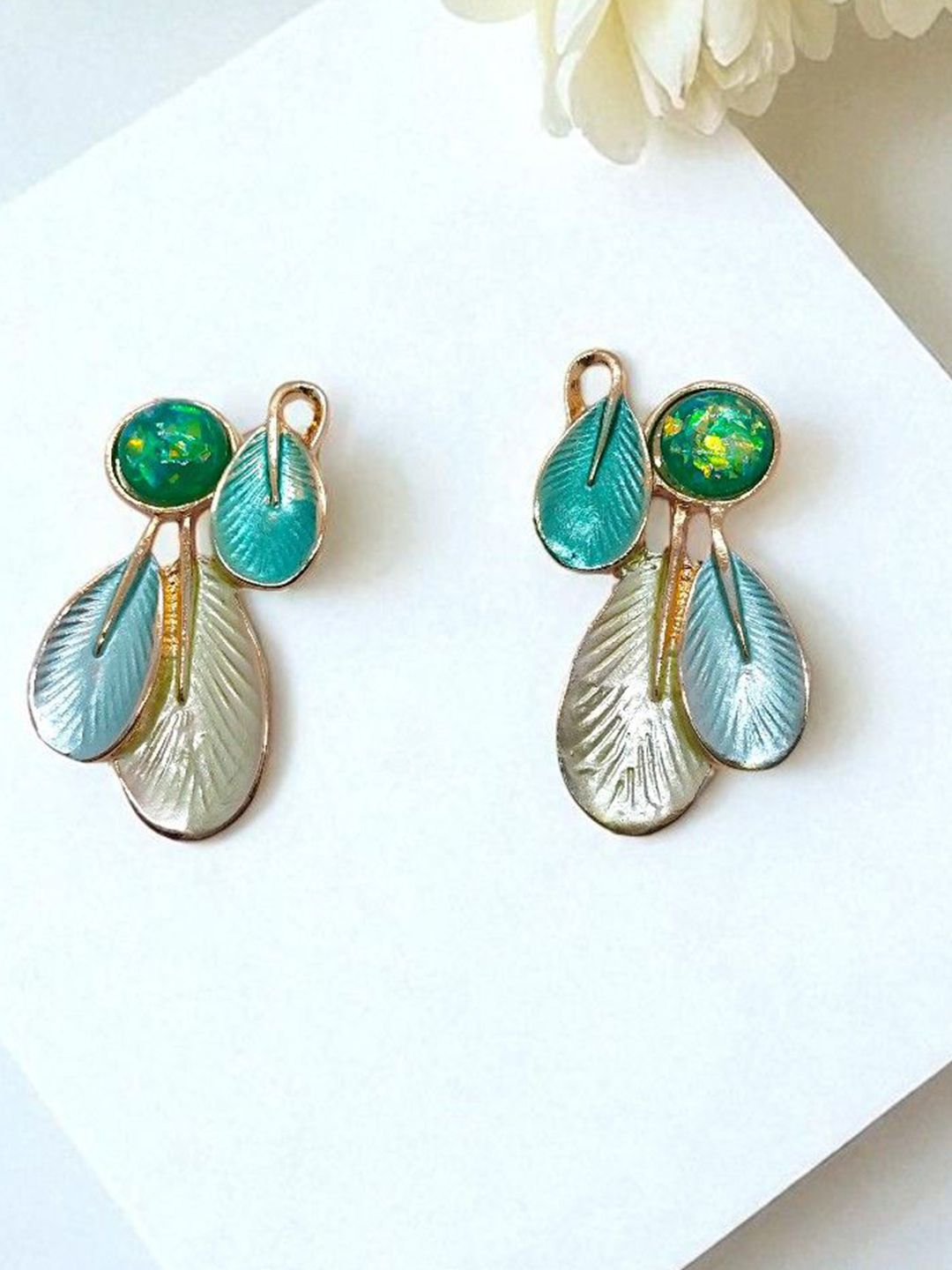 AVANT-GARDE PARIS Gold Plated Artificial Stones Studded Leaf Enamelled Drop Earrings-picture-42