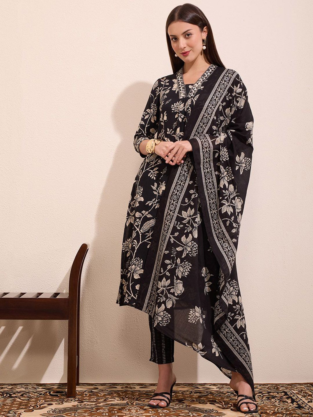 FASHOR Floral Printed Pleated Pure Cotton A-Line Kurta With Trousers & Dupatta