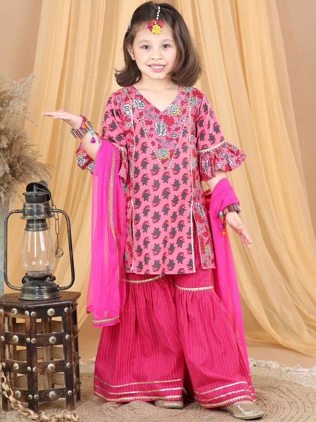 Sangria Girls Floral Printed V-Neck Pure Cotton Kurti & Sharara With Dupatta-picture-25