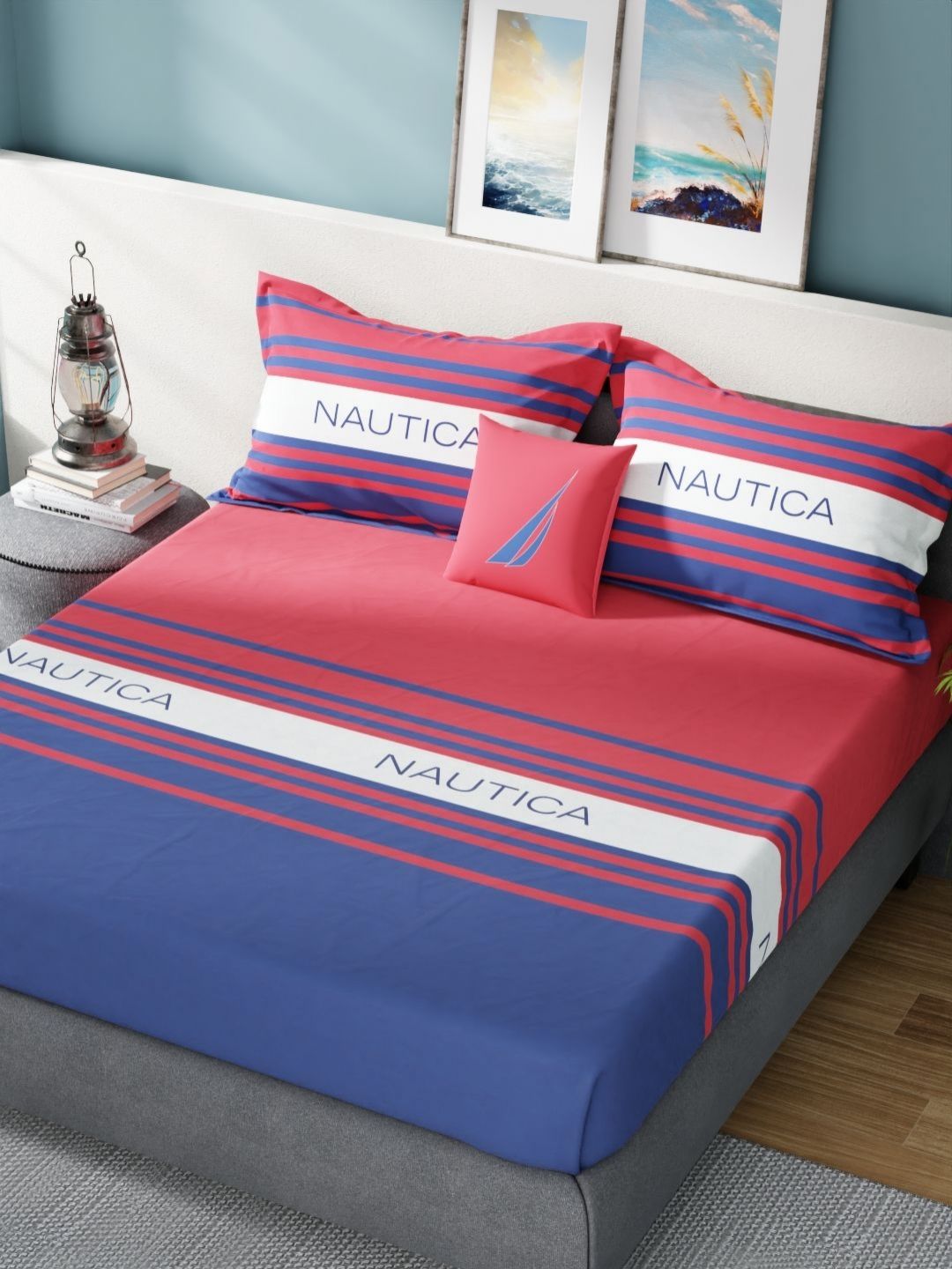 Nautica Red & Navy Blue Striped 160 TC King Bedsheet Set 2.74 m X 2.74 m-image-29