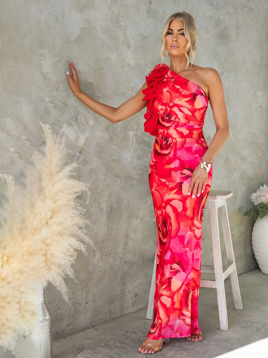 JC Mode Women Floral Printed Gathered One Shoulder Maxi Dress-picture-9
