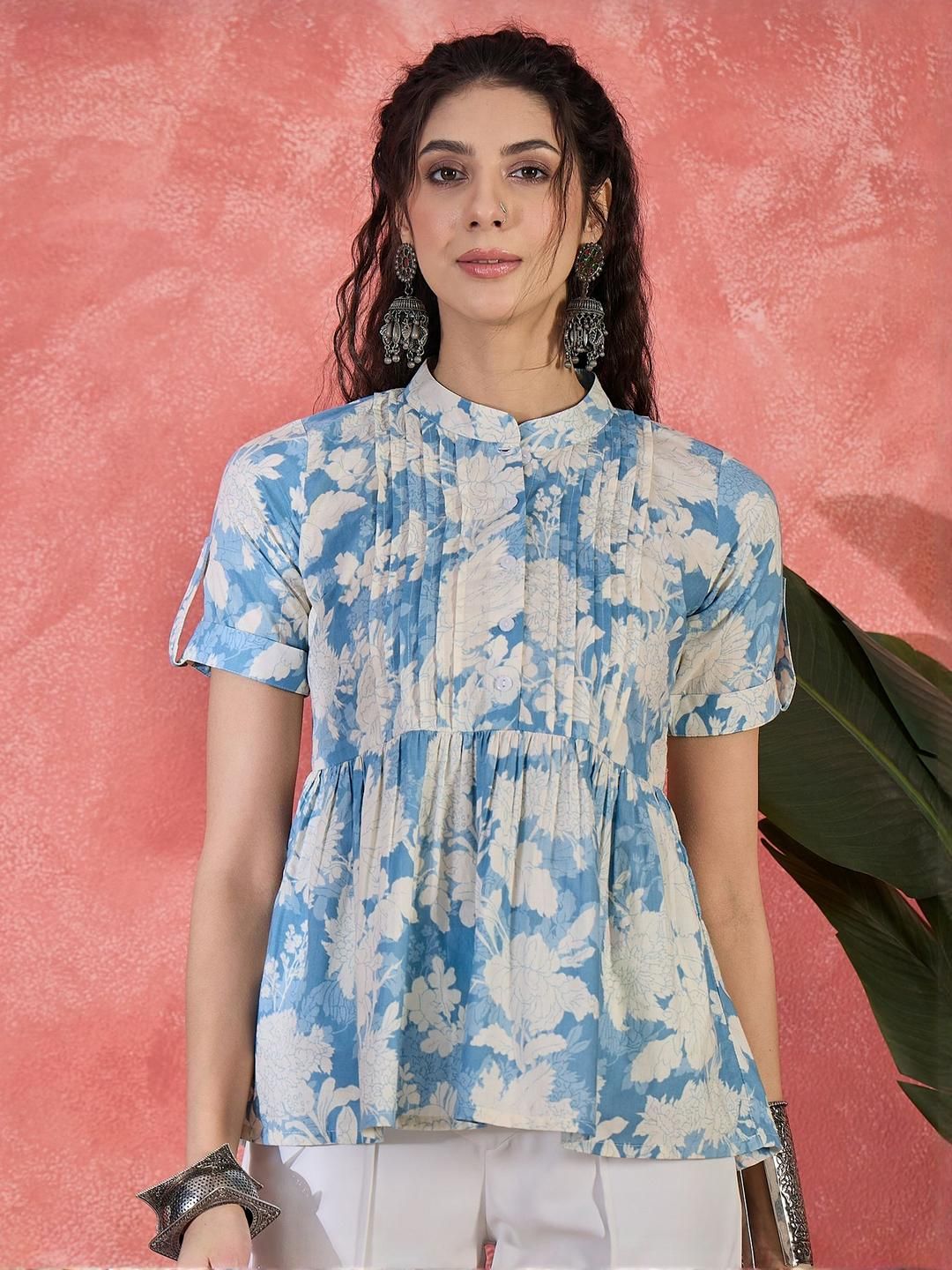 Sangria All Over Floral Printed Pure Cotton Pintuck Short Peplum Top-picture-22